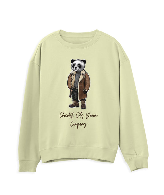 Streetwear sweatshirt, urban fashion, graphic crewneck, Chocolate City Denim, panda sweatshirt, unisex streetwear, casual fashion, hip-hop style, oversized sweatshirt.